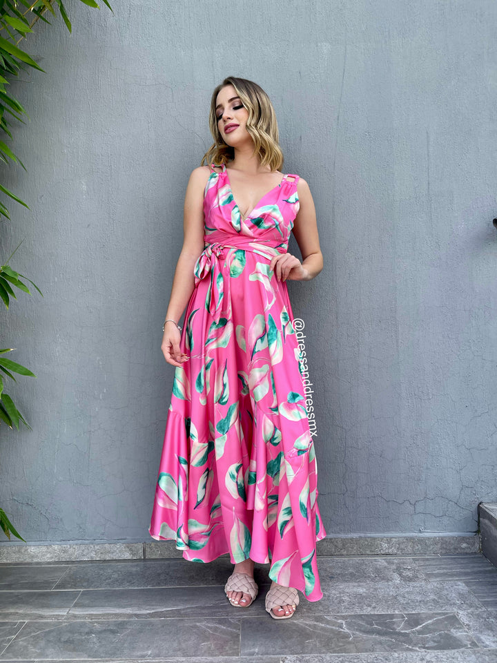 Vestido midi rosa hojas satin